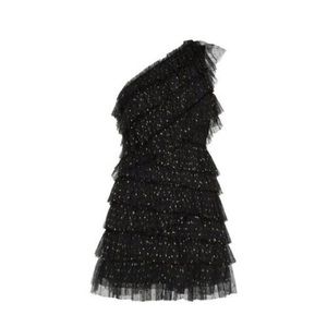 BCBGMaxAzria One Shoulder Metallic Lace Party Dress Black Golden